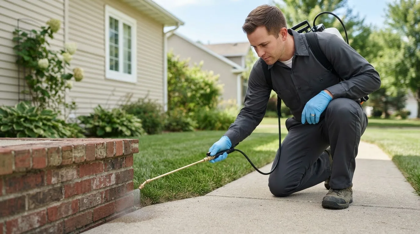 Pest control technician treating a home near Wolcott, VT